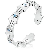 Hamsa Evil Eye Hand Blue CZ 925 Sterling Silver Open Adjustable Statement Rings for Women Dainty Band Tail Stackable Crystal Finger Ring Personalized Fashion Jewelry Gifts Bff Birthday Daughter