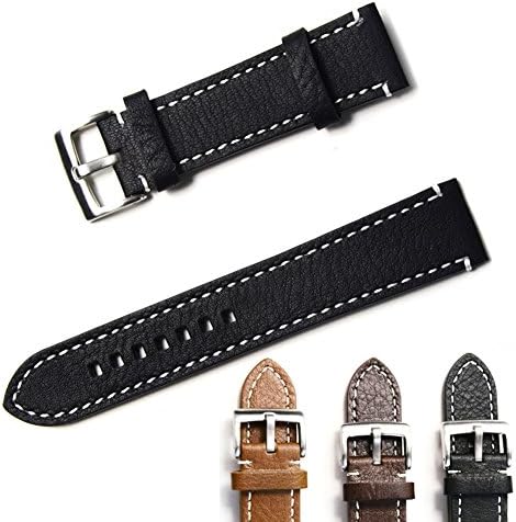 KINGLOO Choices of Color &amp; Width (18mm,19mm,20mm,21mm,or 22mm) White Line Replacement Genuine Leather Watch Strap with Stainless Metal Clasp (19mm, Black)