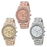 Han Shi Crystals Watch, Fashion Ladies Women Girls Faux Chronograph Quartz Classic Round Clock