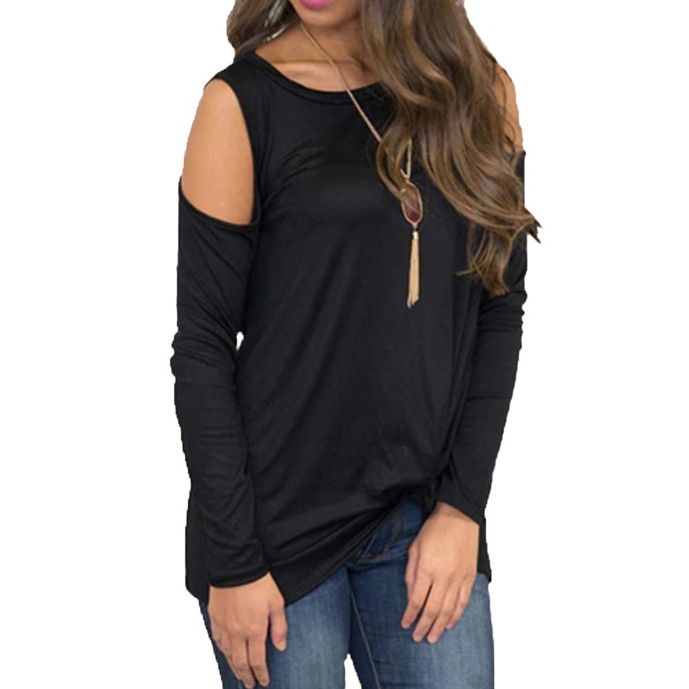 Eanklosco Femmes Hauts Manche Longue Coupe D\'épaule Froide T-Shirts Casual Nœud De Face Tunique (Noir, X-Large/FR42-44)