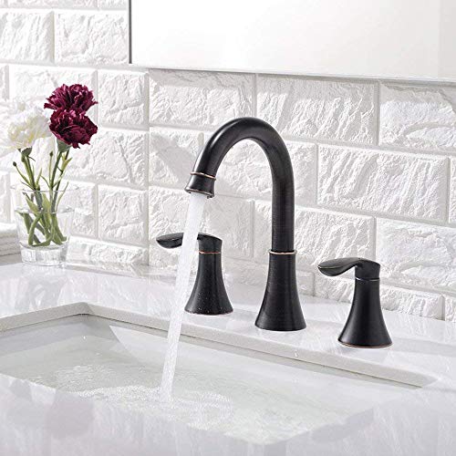 Friho Lead-Free 2 Handle 3 Holes Lavatory Vanity Oil Rubbed Bronze Bathroom Faucet, Bathroom Vessel Sink Faucet with Water Hoses and Pop Up Drain Stopper