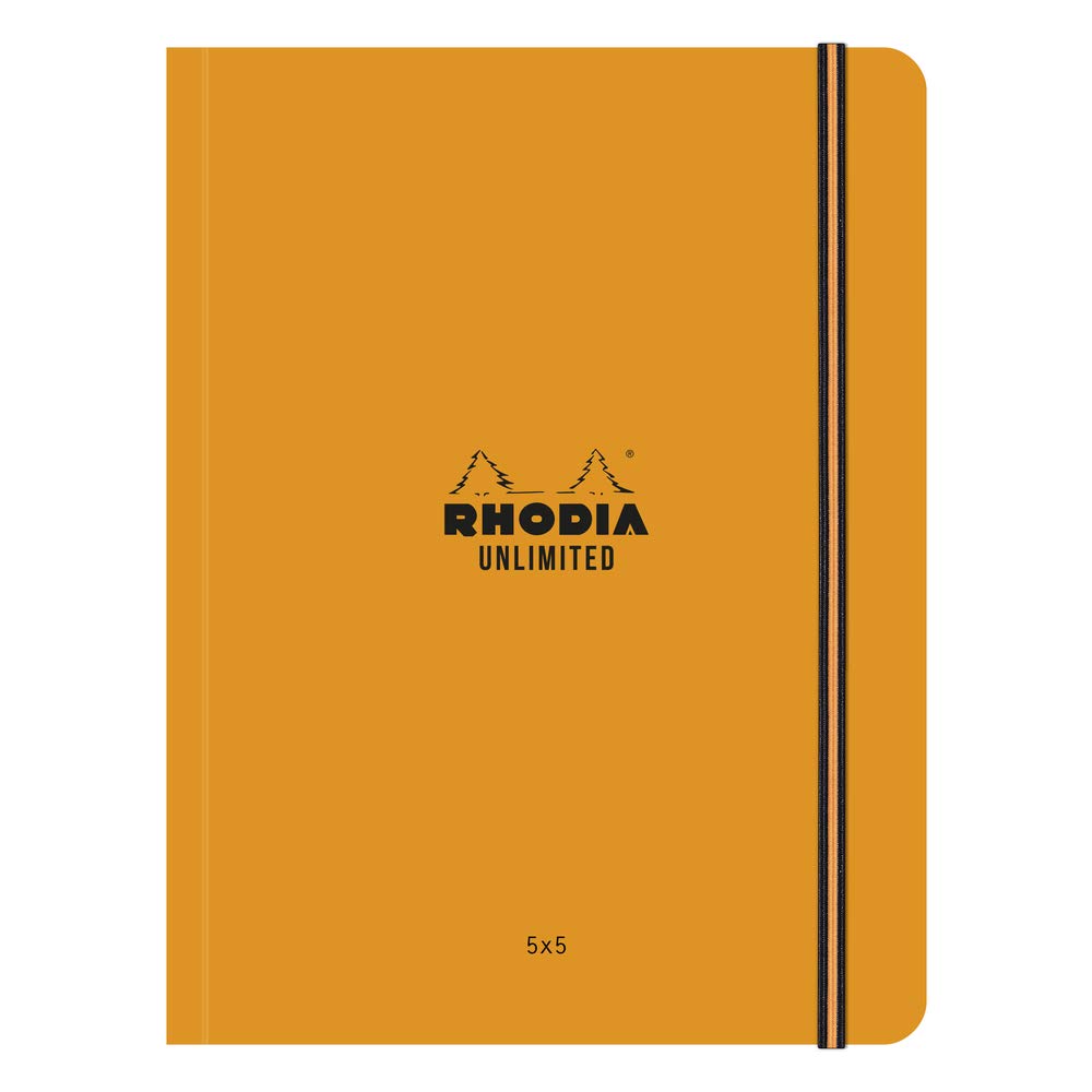 RHODIA 118758C - Unlimited Orange Elastic Notebook - A5+ - Small Squares - 120 Detachable Pages - White Clairefontaine Paper 80 g/m - Velvety Touch Cover