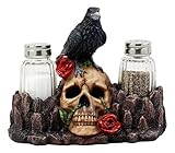 Ebros Day Of The Dead Raven Crow With Rose Skull Salt & Pepper Shakers Holder Figurine Set 6.5