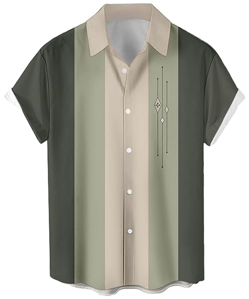 MENS CASUAL VINTAGE STRIPED BOWLING SHIRTS, TRICOLOR BUTTON DOWN SHORT SLEEVE HAWAIIAN SHIRTS