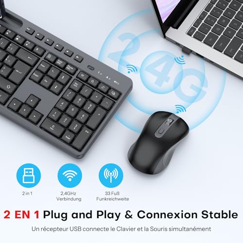 OMOTON AZERTY Wireless Keyboard and Mouse, 2.4 GHz Wireless Keyboard and Mouse Set, Standing, Quiet, Multimedia, Ergonomic, Full Size Compatible with Windows/Linux PC, Ideal for Office (Black-Grey)