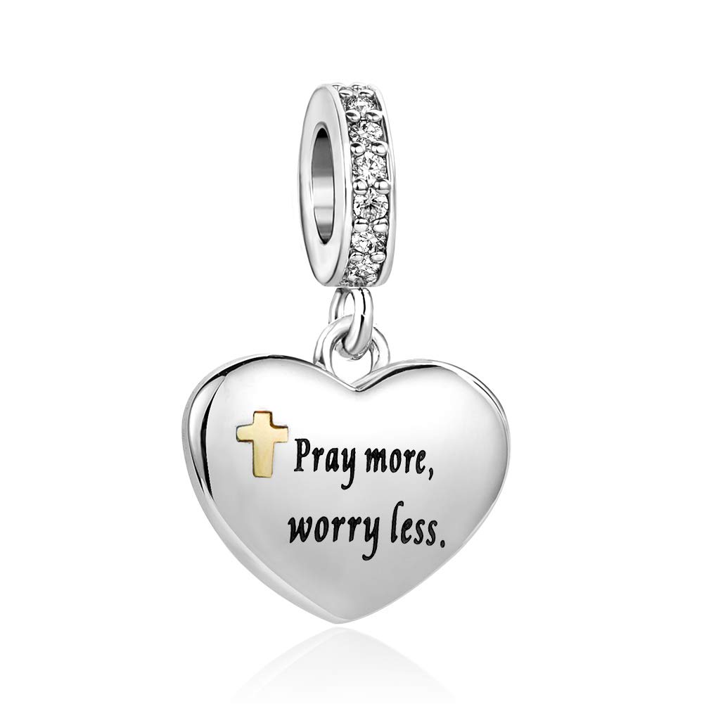 Gold Cross Bible Verse Love Heart Dangle Charm Compatible with Pandora Charms Bracelets Pray More Worry Less Matthew 6:34