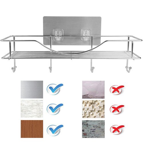 Bathroom Towel Shelf / Kitchen Holder, AISHN 304 Stainless Steel Vacuum Super Silicone Storage Rack, Space-Saving Rack Includes 4 Hooks - Thumbnail 5