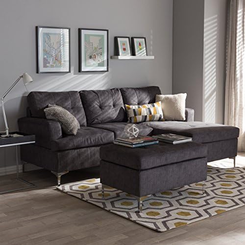 Baxton Studio Haemon Modern and Contemporary Grey Fabric Upholstered 3-Piece Sectional Sofa with Ottoman Set