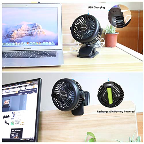 Dozod Battery Operated Clip on Personal Fan, Portable Mini Desk Fan, Super Quiet, 3 Speed, USB Powered Clip on Fan for Baby Stroller Carseat Office Outdoor