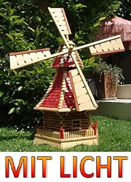 Windmühle für Garten, Windmühlen, mit Holzschindel - Dach, imprägniert + kugelgelagert 1,30 m groß rot lasiert hell weinrot +