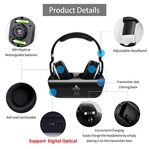 Wireless Headphones for TV with Optical, MONODEAL Digital Stereo Over Ear Headsets with Charging Dock, 2.4GHz Rf Transmitter, 20H Playtime, for TV Pc Mobile - Thumbnail 4