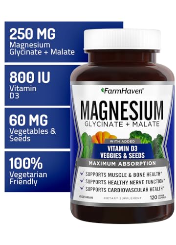 FarmHaven Magnesium Complex –Magnesium Glycinate & Malate w/Vitamin D3, 100% Chelated for Max Absorption, Vegetarian – Bone Health, Nerves, Muscles, 120 Capsules, 60 Days