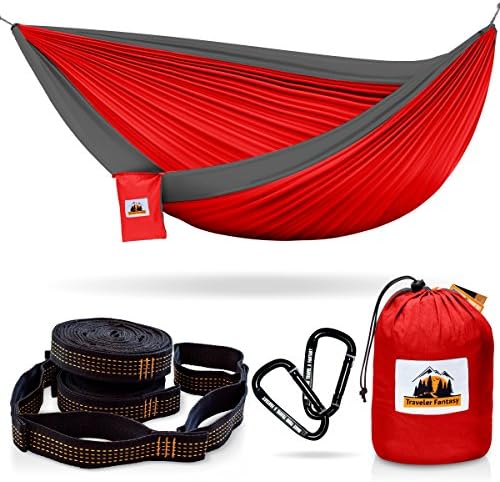 Huge Sale Ending Soon! All-in-One Camping Hammock, Portable and Lightweight – Includes Double Parachute Hammock + 2 Heavy Duty 10' Straps + Super Strong Carabiners by Traveler Fantasy (Red &amp; Gray)
