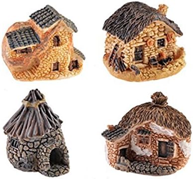 HUAJI 4pcs Miniature Resin Grass House Dollhouse Ornament Fairy Garden Plant Decor