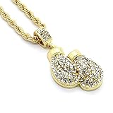 Mens Gold Tone Small Iced Out Boxing Gloves Pendant with 4mm 24