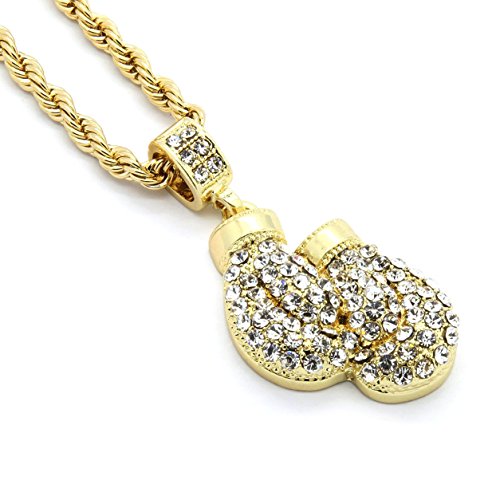 Mens Gold Tone Small Iced Out Boxing Gloves Pendant with 4mm 24