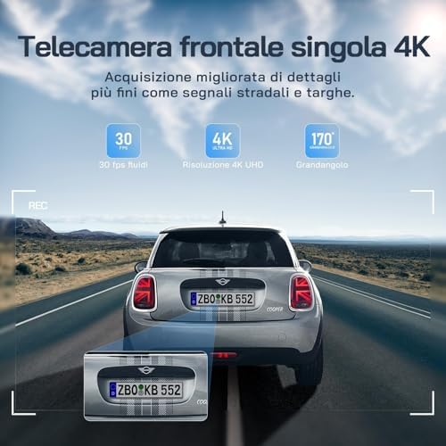 Dash Cam Auto 4K, Doppia WiFi Dashcam per Auto, Telecamera Auto 170° Grandangolo, Visione Notturna,G-Sensor, WDR, Monitor di Parcheggio, Registrazione in Loop