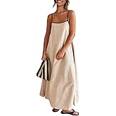Senllen Women's Linen Dress Summer Loose Flowy Sundress Contrast Spaghetti Strap Sleeveless Backless Beach Maxi Long Dresses