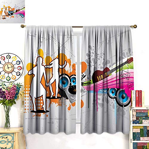 Anniutwo Grunge Blackout Curtain Music People with Turntable and Speakers Dancing Funky Urban Nights Guitar Print Customized Curtains Multicolor W63 x L63 inch
