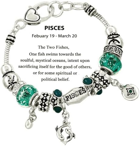 Zodiac Charm Bracelet Slide Metal Murano Beads Silvertone Pisces