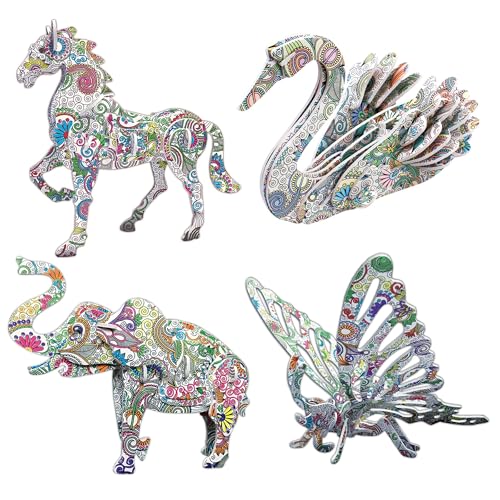 KAZOKU 3D Coloring Puzzle Set, Arts and Crafts for Girls&Boys Ages 6-12 Toys 4 Animals Puzzles Supplies Fun Painting Kit Kids Age 8 9 10 11 12 Birthday Children's Day Gift