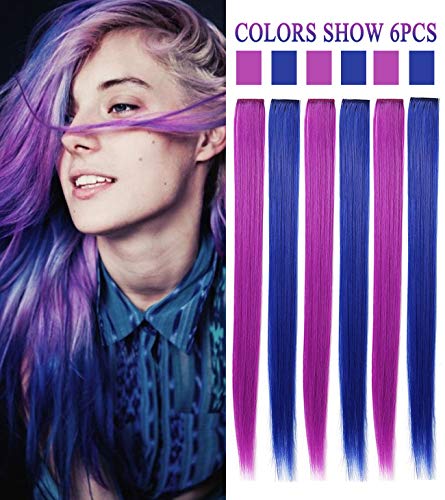 Rhyme 6PCS Princess Party Highlight Purple Blue Wig Hairpieces Colored Hair Extension Clip in/On for Amercian Girls and Dolls Wig Pieces for Kids (Purple Blue)