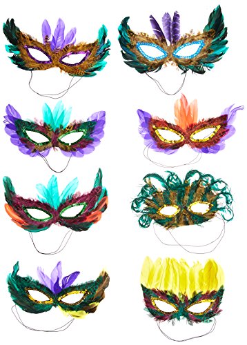 50 (Fifty) Pack of Mardi Gras Masquerade Party Feather Fantasy Masks(Assorted Colors)