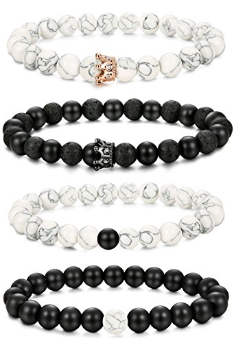 Couples Bracelet--FIBO STEEL 4 Pcs Beaded Couples Bracelet for Men Women Distance Crown Bracelets Set Adjustable 8MM Beads