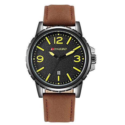 Clearance on Sale - Brown Leather Band Mens Wrist Watch Military Quartz Waterproof Date Watch with Simple Design Black Face - LONGBO