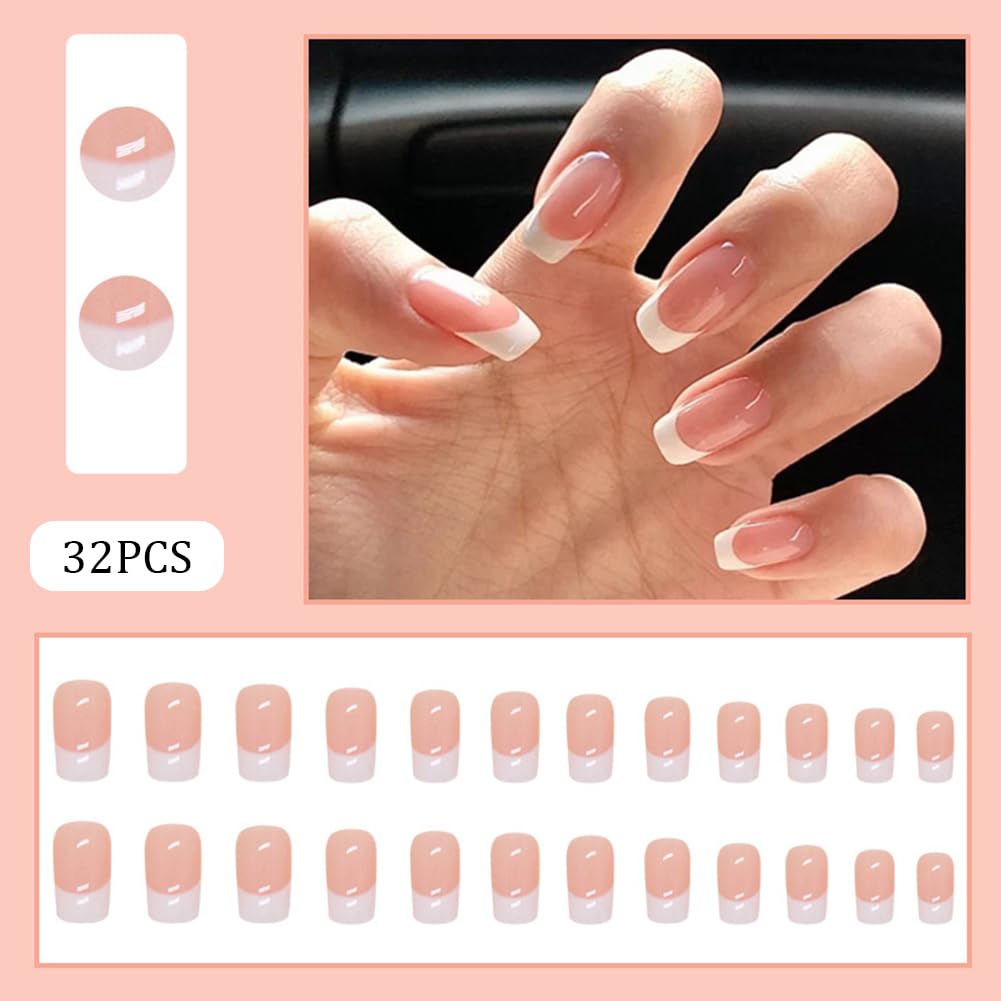 Hrnsnails Nails Press Ons, White French Tip Press On Nails Medium Square Fake Nails with Glossy Design, Artificial Press On Nail Kit Stick On Nails for Women-32Pcs - Image 2