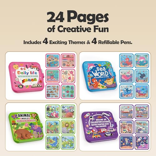 SAMZX Reusable Water Coloring Books for Toddlers 1-3, 4 Pack Magic Water Painting Book for Mess-Free Coloring, Travel Activity Toys & Educational Learning Kits Gifts for Kids Boys Girls Ages 3+