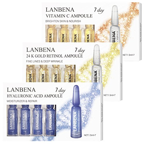LANBENA Vitamin C Serum Hyaluronic Acid Serum Retinol 24K Gold Serum Ampoule For Face Skin Care 100% Natural Ingrendients -Anti Wrinkle, Anti Aging,Remove Freckle,Whitening,Moisturizing, of 3 Set