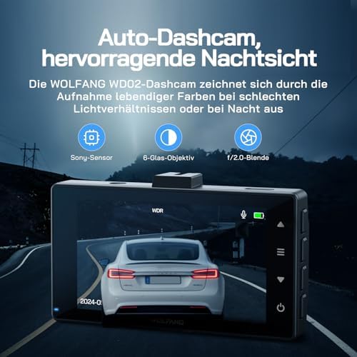 Dashcam Auto Vorne Hinten 2,5K+1080P Auto-Kamera, Ultra-Nachtsicht, 170°-Weitwinkel, WDR, 24 Std. Parkmodus, G-Sensor, Loop-Aufnahme