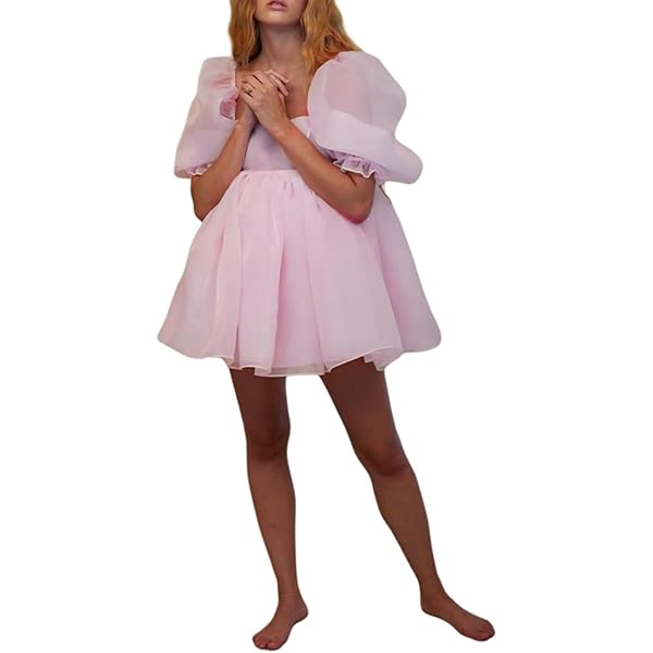 short pink puff sleeve tulle dress Pink tulle off shoulder short prom dress pink cocktail dress toptby