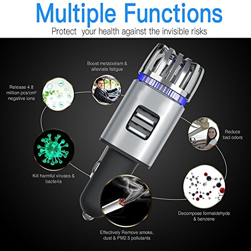 Car Air Purifier, Negative Ion Generator Car Freshener Remove Odor, Smoke, Dust, Bacteria with Dual USB Charging Ports, Car Ionizer for Automobile - Thumbnail 2