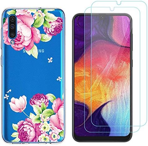 crisant Samsung Galaxy A50 2019 Case Pink flower Premium Soft Silicone Gel TPU Protective Back Cover for Samsung Galaxy A50 2019 (6,2 Inch) With Two Tempered Glass Screen Protector