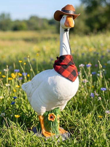 LarpGears Premium Adjustable Large Porch Goose Statue – 23” Realistic Hollow Plastic Garden Goose with Removable Cowboy Hat & Bandana, Stone Base with Sand-Fillable Design for Outdoor Stability