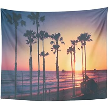 Emvency Tapestry Coast California Beach Sunset Ocean Pacific Palm Trees Pier Home Decor Wall Hanging for Living Room Bedroom Dorm 50x60 inches