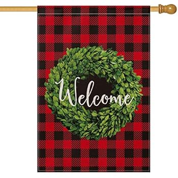AVOIN Christmas Boxwood Wreath Welcome House Flag Vertical Double Sided, Winter Buffalo Check Plaid Rustic Farmhouse Burlap Flag Yard Outdoor Decoration 28 x 40 Inch