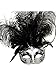 Venetian Style Mask with Feather in Silver Pattern (Black/Silver)