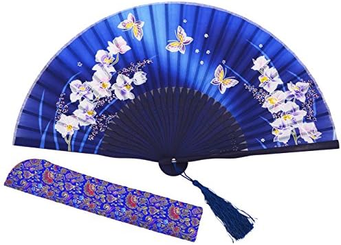 Meifan Chinese /Japanses Classical Handmade Vintage Folding Bamboo Silk Flower Pattern Hand Fan FMK (Blue-A)
