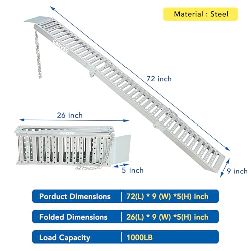 Garvee 6 ft Folding Loading Ramps (2-Pack) - 1000 Lb Capacity Heavy Duty Steel Tri-Fold Ramps for ATV, Dirt Bike, Motorcycle, Pickup Trucks, E-Bikes, 9 in Wide Anti-Slip Surface, Silver