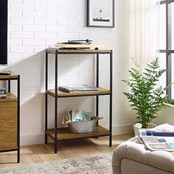 3 Tier Bookshelf by CAFFOZ Furniture Designs Rustic Industrial Bookcase with Modern Open Shelves | Oak Brown Wood Look Accent Furniture Metal Frame | Storage Rack Shelf Unit | Bathroom | Living Room
