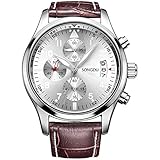 SONGDU Mens Date Multifunction Quartz Wrist Watch with Brown Calfskin Leather Band