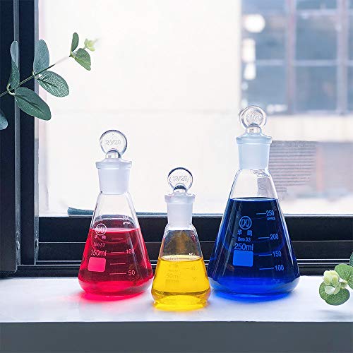image for Huaou Glass Erlenmeyer Flask Set with Ground Glass Stopper - 3 Sizes -