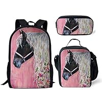 Salabomia Pink Horse Backpack for Children School Bag Bookbag with Insulten Food Lunch Bags Pencil Case