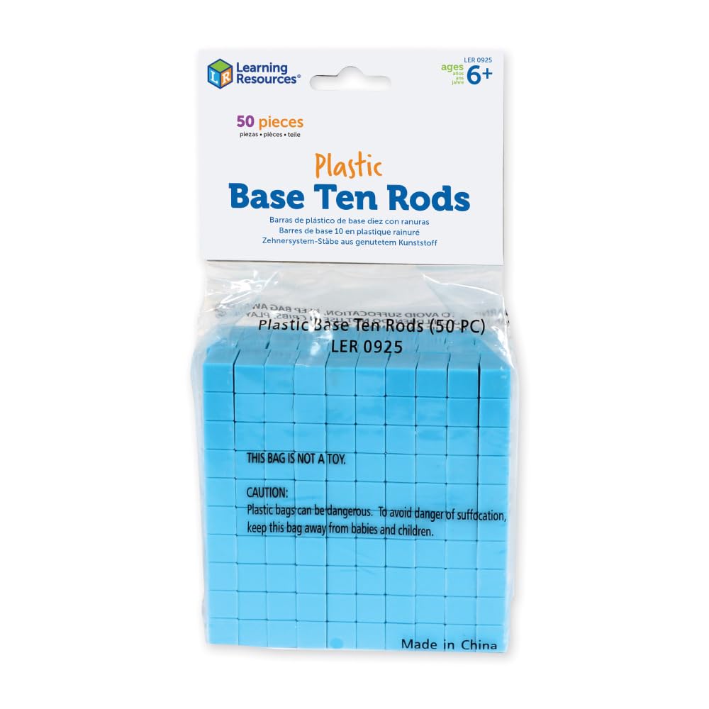 Learning Resources Grooved Plastic Base Ten Rods (Set Of 50),Maths Manipulative for Kids, Place Value, Number Concepts, Maths Resources, Age 6 7 8 Plus