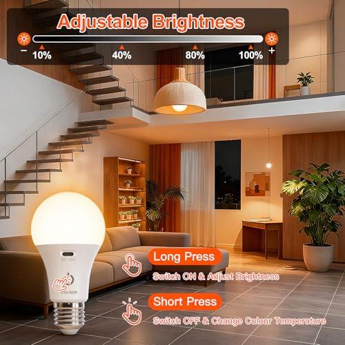 Ketom Remote Control Light Bulb E27 Rechargeable Bulb with Timer | 7 W rechargeable LED lamps, 3 colours and dimmable, touch control, pack of 2 wireless decorative lamp bulbs, emergency light