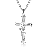ACECHA Cross Necklace for Women | Silver Faith Birthstone Cross Pendant with Birth Flower Jewelry Gifts for Teen Wife Women for Birthday Anniversary