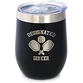 Designated Dinker - Wine Tumbler Glass with Sliding Lid - Stainless Steel Insulated Mug - Funny Pickleball Themed Gifts and Decor - Black